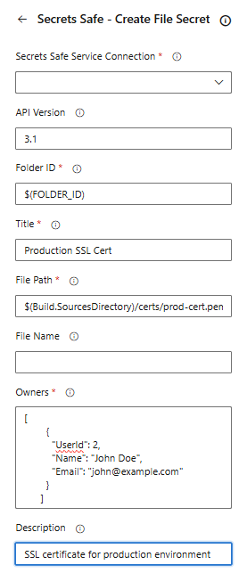 Secrets Safe Create File Secret Task Configuration
