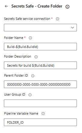 Secrets Safe Create Folder Task Configuration