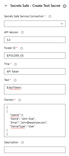 Secrets Safe Create Text Secret Task Configuration